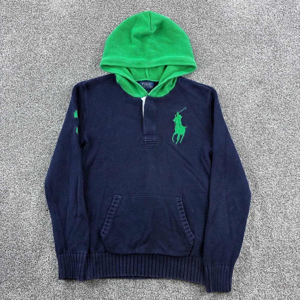 Polo Ralph Lauren Knit Hoodie Boys Large Navy Blue Cotton Big Pony Sweater
